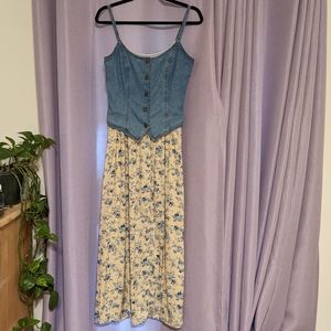 Vintage '90s Dress Denim Vest And Yellow Floral 2fer cottage witchy